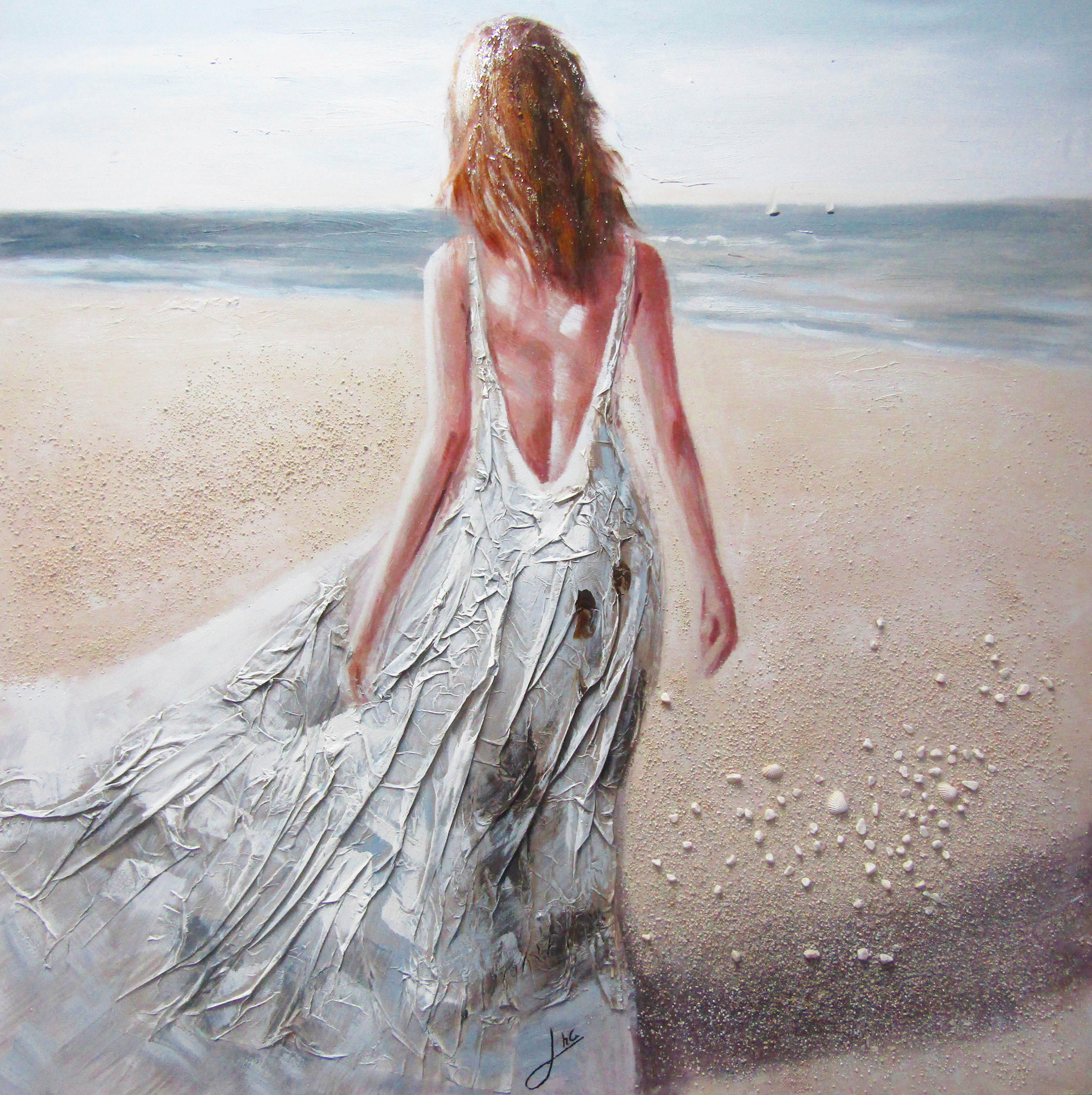 PXYW682 Wall décor art oil on canvas seascape lady on beach